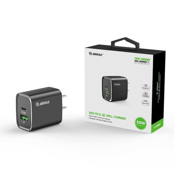 Esoulk Black 20W Fast Charger Dual USB C Wall Charger iPhone13/12/X/Galaxy/Note - Picture 1 of 6